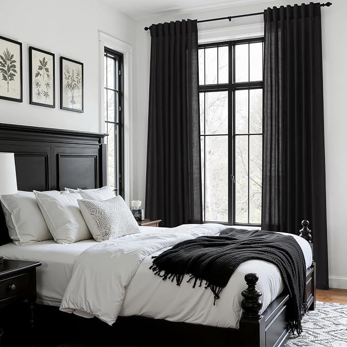 Vintage Black Linen Curtains 63 Inch Length for Living Room Light Filtering Semi Sheer Curtain Back Tab and Rod Pocket Privacy Luxury Gothic Vintage Decor Drapes for Bedroom Office 52x63, 2 Panels