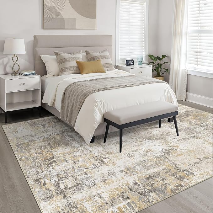 10x12 Area Rug Living Room: Washable Large Neutral Gray Gold Rugs Abstract Soft Modern Stain Resistant Indoor Floor Non-Slip Carpet for Bedroom Nursery Kids Office Playroom Dining Room Under Table