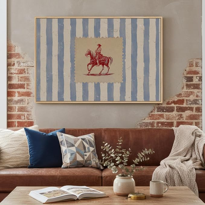 Large Framed Western Cowboy Wall Art for Living Room, Vintage Farmhouse Horse Canvas Prints Paintings, Blue Striped Country Picture Artwork Decor for Bedroom Entryway 36x24 Inch