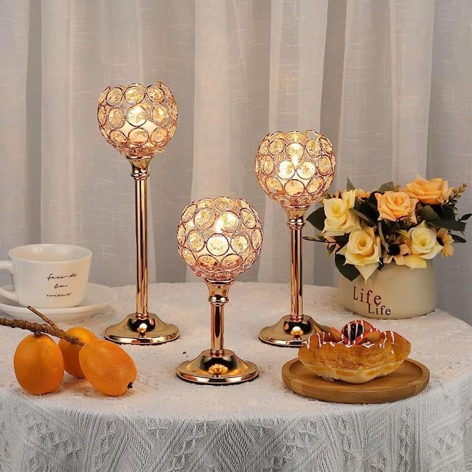 Candle Holder Candlestick Holders- 6Set Gold Crystal Pillar Candle Holders,Metal Candlestick Stands for Wedding Centerpieces,Table Decor for Church,Valentine's Day Housewarming Gift,18Pcs