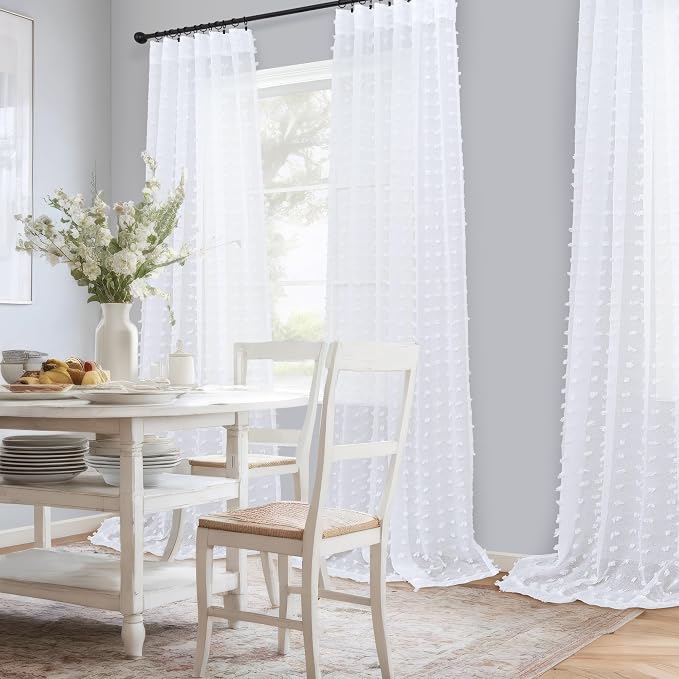 White Sheer Curtains for Bedroom Living Room Nursery 102 Inches Long White Pom Pom Tufted Windows Drape Pretty Beautiful Chic Style Farmhouse Boho Semi Sheer Curtain Back Tab 2 Panels 102 Inch Length