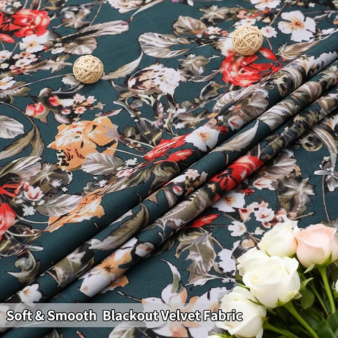 Estelar Textiler Green Soft Velvet Blackout Curtains 90 Inches Long for Bedroom, Vintage Boho Floral Printed Grommet Thermal Insulated Window Drapes for Living Room/Farmhouse, 52Wx90L Inch, 2 Panels
