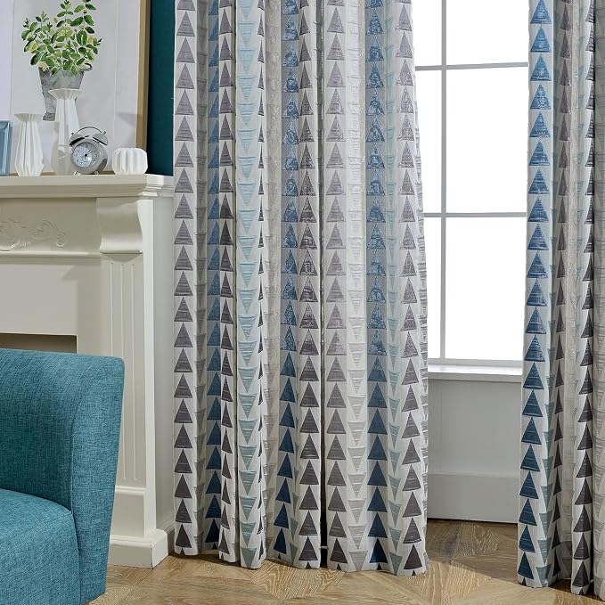 Leeva Modern Jacquard Curtains 52x63 Inch - Geometric Triangle Pattern, Light Filtering Drapes with Metal Grommet Top, Set of 2 Panels for Bedroom Living Room, Blue