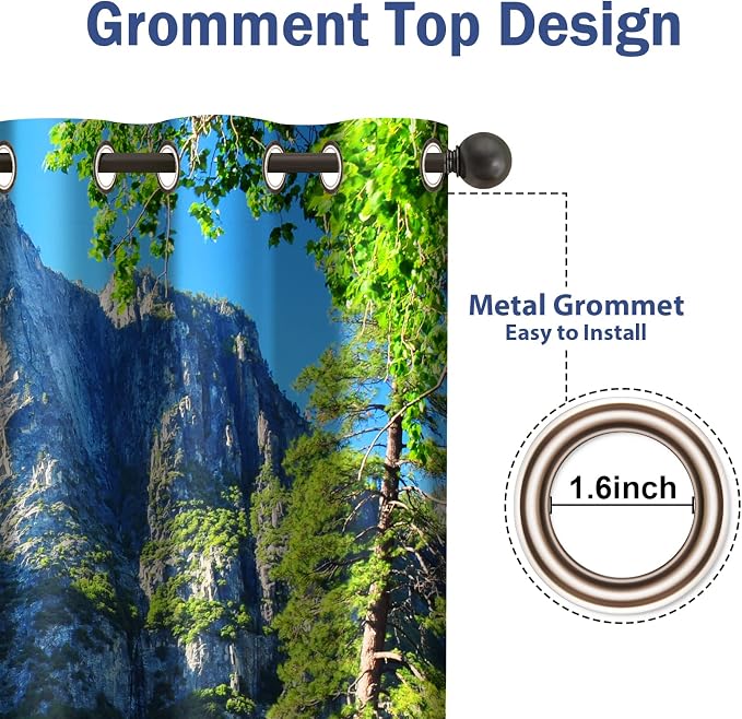 Jekeno Mountains Forest Blackout Curtains Jungle Green Trees River in Bright Sunshine Nature Scenery Decor Bedroom Living Room Darkening Grommet Window Drapes 2 Panel Set, 42"x84"