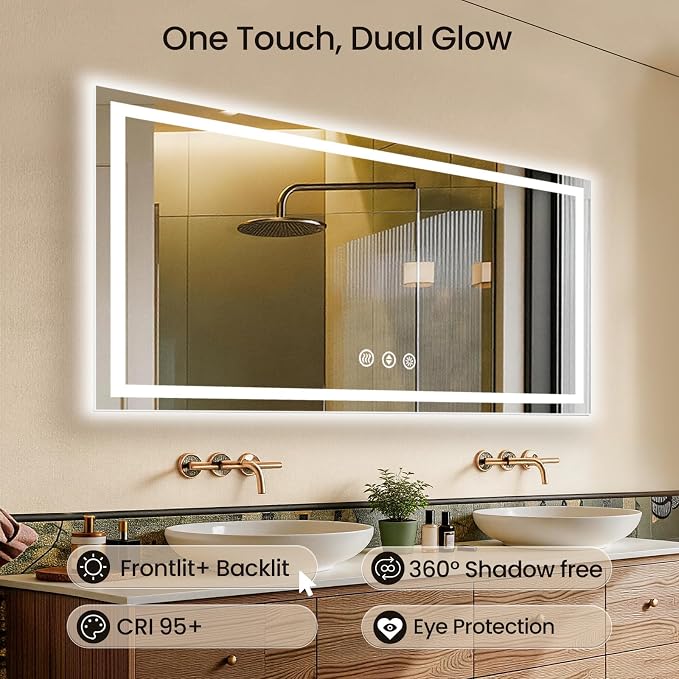 60X36 LED Bathroom Mirror with Lights, Anti-Fog, Backlit + Front Lit, Lighted Bathroom Vanity Mirror for Wall, Memory Function, Dimmable, Tempered Glass, Shatter-Proof