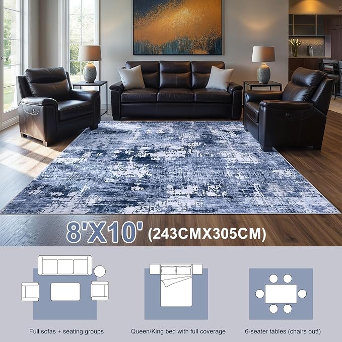 DMOYEST Area Rug Living Room Rugs - 8x10 Washable Large Soft Indoor Neutral Modern Abstract Low Pile Rug Carpet for Bedroom Dining Room Farmhouse Home Office - Navy Blue