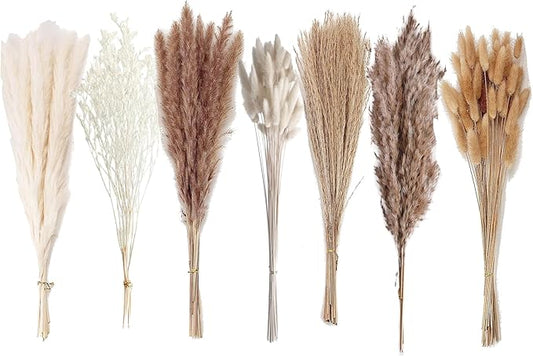 150 Pcs Natural Dried Pampas Grass & Bunny Tails, 17" Fluffy Boho Decor for Wedding Centerpieces, Farmhouse Home Arrangements | Long-Lasting Low-Shed Dry Flowers
