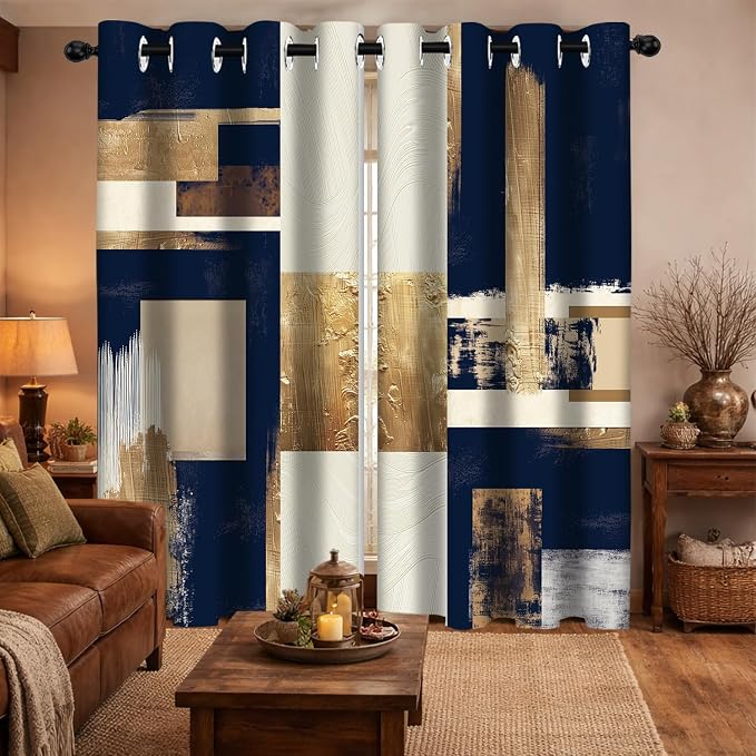 Boho Navy Blue Gold Abstract Blackout Curtains, Modern Oil Aesthetic Neutral Contemporary Beige Darkening Thermal Insulated Grommet Light Blocking Drape Decor, 52 x 84 Inch Long 2 Panels