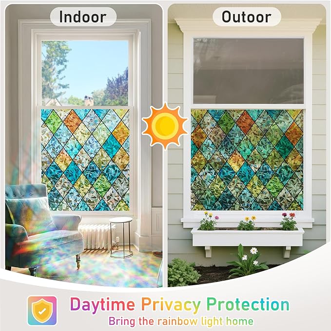 Sunbaby Window Privacy Film Stained Glass Decorative Rainbow Window Cling 3D Static Clings Colorful for Home Decoration, Anti-UV & Heat Control Non-Adhesive (23.6"x78.7")