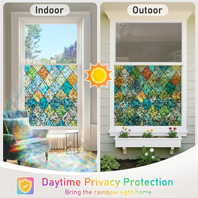Sunbaby Window Privacy Film Stained Glass Decorative Rainbow Window Cling 3D Static Clings Colorful for Home Decoration, Anti-UV & Heat Control Non-Adhesive (35.4"x78.7")