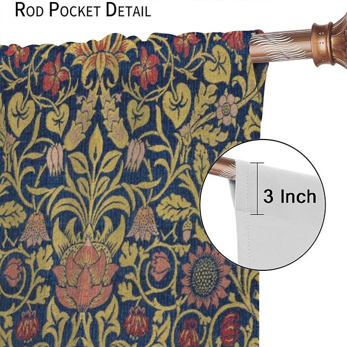 Retro Bohemian William Morris Plant Floral Blackout Window Curtains, Abstract Vintage Country Floral Leaf Pattern Print Window Drapes, for Bedroom Living Room 31.5(W)*72(L) 2 Panels