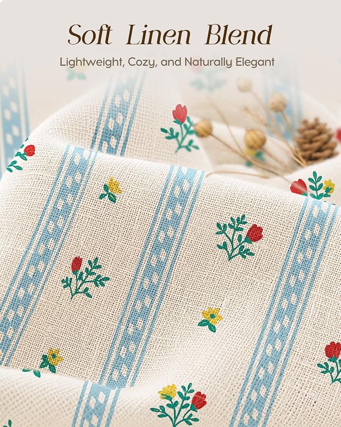Miss Adola Valance Curtain for Windows - 16 Inch Linen Blend Farmhouse Floral Valance for Kitchen Living Room Bedroom Bathroom Boho Blue Striped Short Curtain with Rod Pocket, 1 Panel