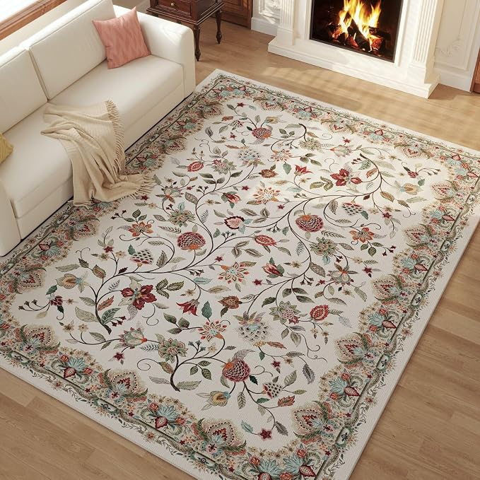 Rugcomf Vintage Paisley Rugs for Living Room 8'x10' - Machine Washable Area Rug, Non-Slip Low Pile Large Floral Carpet for Bedroom, Dining Room, Farmhouse, Office, Kids Playroom - Beige