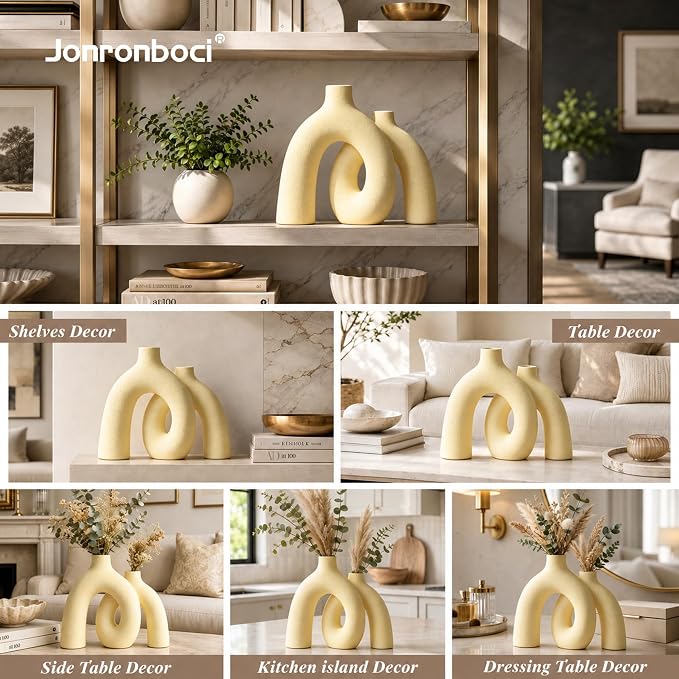 Hug Donut Decorative Vase Set - Beige Vase, Modern Nordic Boho Style Vases Home Decor, Matte Ceramic Decorations for Living Room Shelf, Bookshelf Mantle Entryway Table or Console Décor (Beige)
