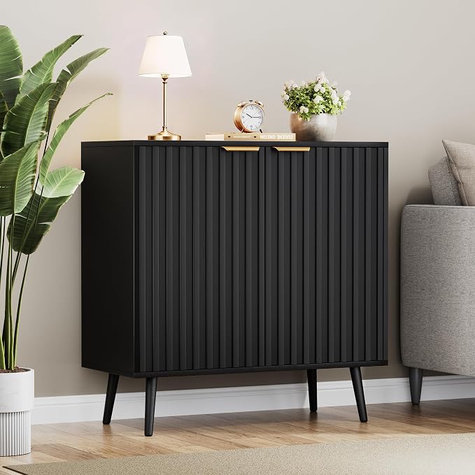 Black Fluted Buffet Cabinet, Free Standing Sideboard with Storage, Wood Accent Cabinet with Doors & Shelf, Modern Credenza, Sideboard Buffet Cabinet for Living Room, Dining Room(1, Black)
