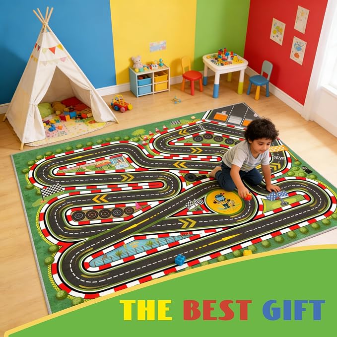 Kids Racing Rug 31''x47'' Car Road Kid Rug Carpet Playmat for Playoom Traffic Road Kid Play Mat for Bedroom，Kids Educational City Traffic Road map Fun Carpet (Green)