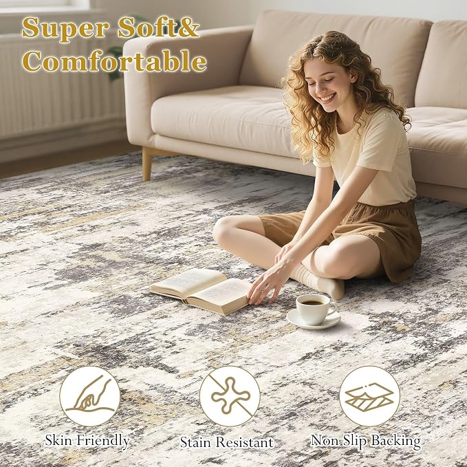 Area Rugs for Living Room: 10x13 Abstract Washable Rug Modern Neutral Large Soft Stain Resistant Non-Slip Backing Machine Table for Bedroom Dining Room Indoor Home Office Carpet - Gold Brown