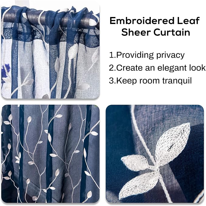 AmHoo 2 Panels Embroidered Leaf Pattern Semi Sheer Curtains Foliage Floral Voile Window Draperies Treatment for Bedroom Living Room Rod Pocket Navy Blue 53 x 63 Inch