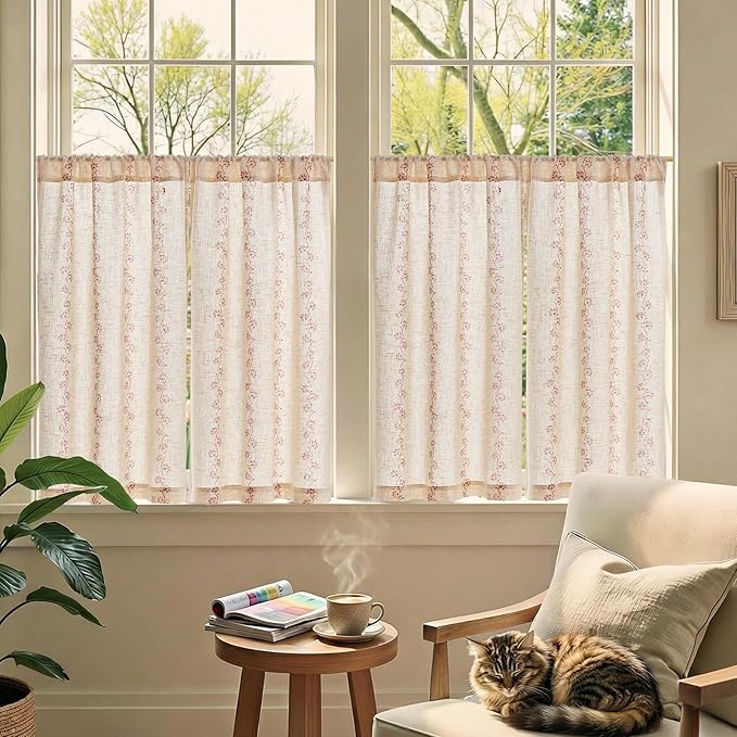 jinchan Katy Linen Floral Kitchen Curtains 36 Inches Length Stripe Cafe Curtains Farmhouse Cottagecore Tier Small Window Drapes for Living Room Light Filtering Rod Pocket 2 Panels Terracotta on Linen