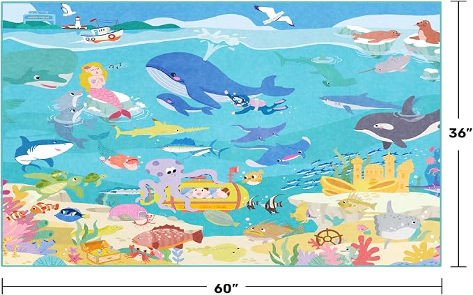 3x5 Small Kids Rug for Bedroom - Washable Soft Ocean Themed Rug for Kids Room, Bathroom and Playroom – Sea Animal Carpet for Children, Toddler, Whale Mermaid & Marine Life Educational Learning Carpet