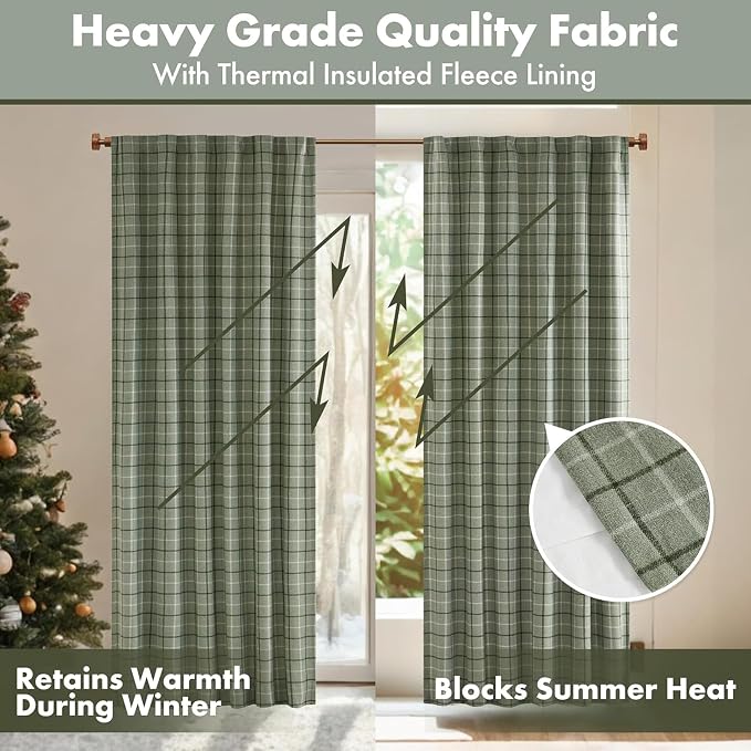 Madison Park Anaheim Cabin Plaid Curtain Window, Thermal Insulated Fleece Lining, Living Room Decor Room Darkening Drape for Bedroom, 1-Single Panel Pack, 50" x 84" Rod Pocket, Green (Pack of 4)