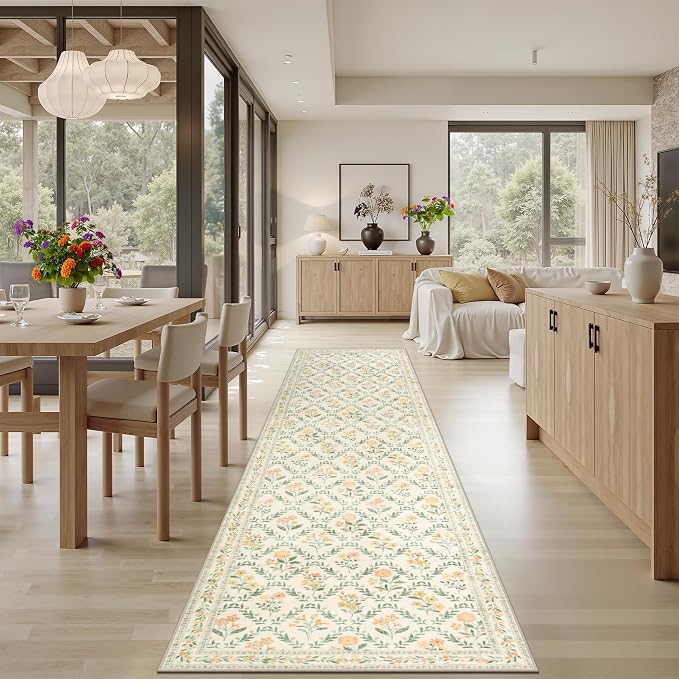 Runner Rug for Entryway: 3x10 Kitchen Rugs Non Slip Washable Ultra-Thin Soft Floral Carpet Indoor Floor Stain Resistant Carpets for Hallway Bedroom Kitchen Laundry Bathroom Dorm Beige/Multi