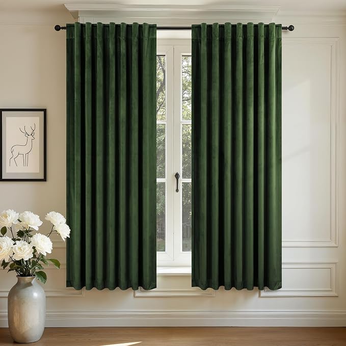Olive Green Velvet Curtains for Boys Bedroom Kids Nursery 63 Inch Length 2 Panel Living Room Darkening Insulated Thermal Curtain for Summer Heat Blocking Light Drapes for Laundry Kitchen Holiday Decor