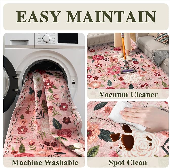 6ft Round Machine Washable Area Rug for Living Room, Dark Pink Vintage Boho Floral Rug Non-Slip Low Pile Soft Faux Wool Carpet Kids and Pets Friendly for Bedroom Nursery Farmhouse Home Decor Rug