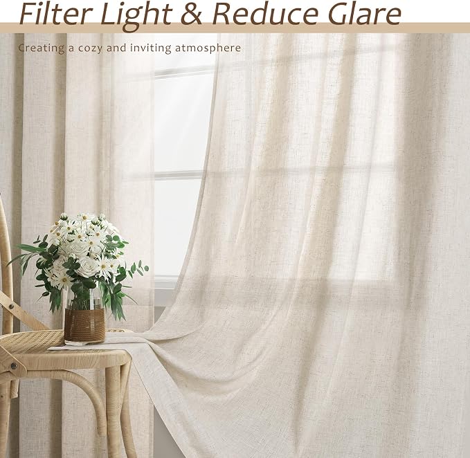 Aersas Beige Linen Textured Curtains 72 Inches Long for Living Room 2 Panel Set Back Tab Rod Pocket Semi Sheer Luxury Curtains Pleat Boho Window Curtain Decor for Dining Room Bedroom 52x72