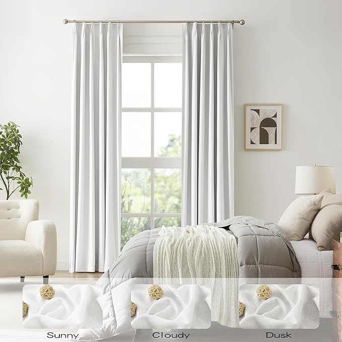 DUALIFE White Blackout Curtains 102 Inches Long, Pleated Custom Viral Drapes with Hooks,Floor Length to Ceiling Traverse Curtains for Living Room,Greyish White,40W x 102L,2 Panels