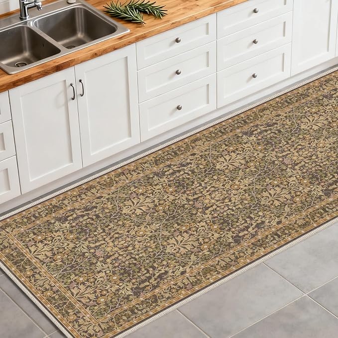 Washable 2'6" x 8' Runners for Hallways, Non Slip Long Floor Runner for Kitchen, Entryway Indoor, Stain Resistant Rubber Backing Floral Decor Rug (Goldenrod)