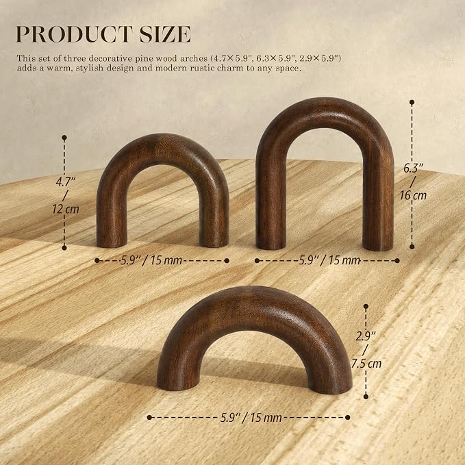 EOSAHR Acacia Wooden Arch Decor Set for Home Decor - 3-Piece Decorative Arch for Coffee Tables, Side Tables & TV Consoles -Minimalist Room Decorations for Home Office, Living Room, Bedroom (Acacia)