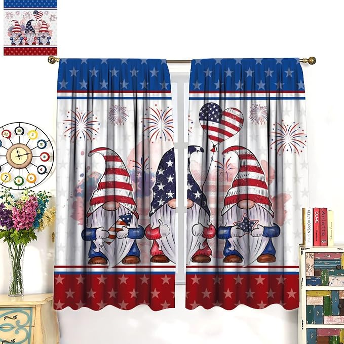 4th of July Curtain,Patriotic Independence Day Cute Gnome Print Drapes for Bedroom Living Room Kitchen Window Treatment 2 Panels Set Total Size 63" W X 72" L Inch