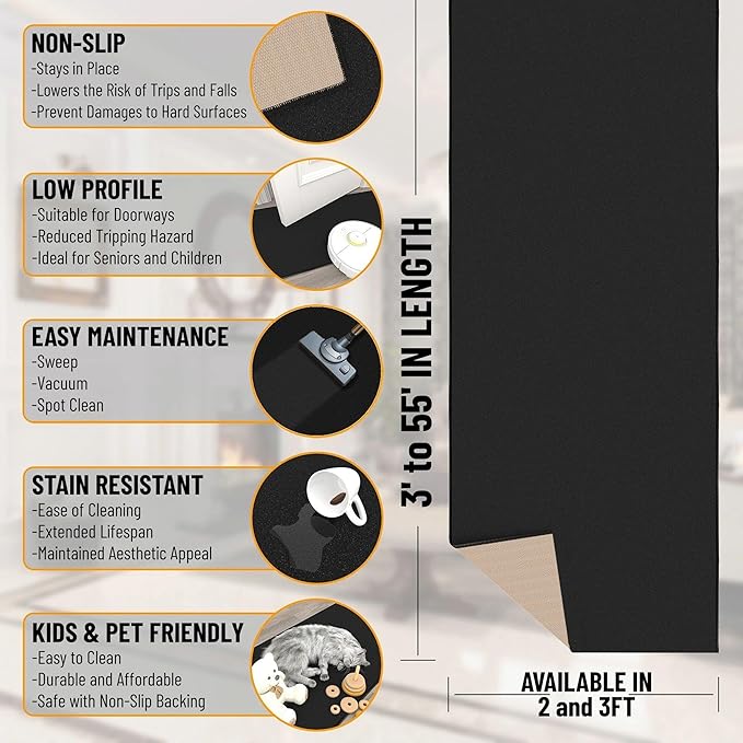 Ottomanson Aisle Runner Rug – Non-Slip Low Pile Carpet Runner for Long Hallways & Corridors, Stain Resistant & Easy to Clean, Solid Black, 2'7" x 34'