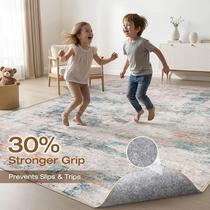 5x7 Area Rugs Living Room: Washable Large Neutral Aqua Brown Rug Abstract Soft Modern Stain Resistant Indoor Floor Non-Slip Carpet for Bedroom Nursery Kids Office Playroom Dining Room Under Table