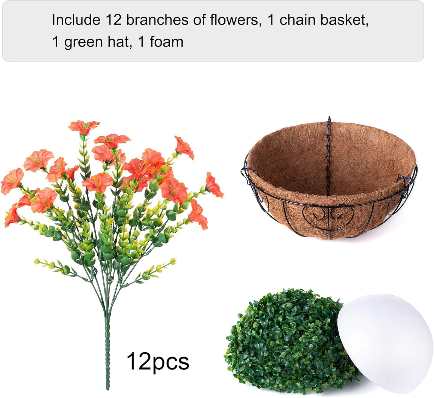 Artificial Fall Flowers Fake Hanging Plants Flowers Basket for Outdoors Autumn Decoration, Orange Silk Morning Glory with Eucalyptus Look Real UV Resistant Faux Flowers for Outside Porch Patio Balcony