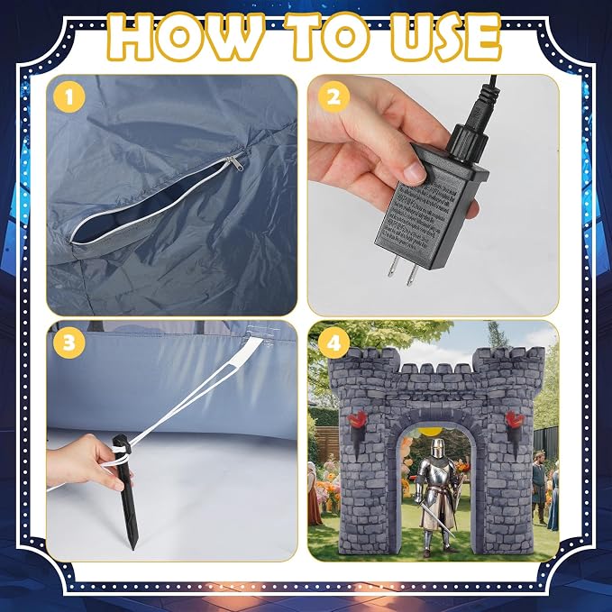 Preboun 8ft Medieval Party Inflatable Decoration Medieval Inflatable Castle Blow up Archway with Built-in Lights for Knight Birthday Cosplay Party Outdoor Yard Garden Decor