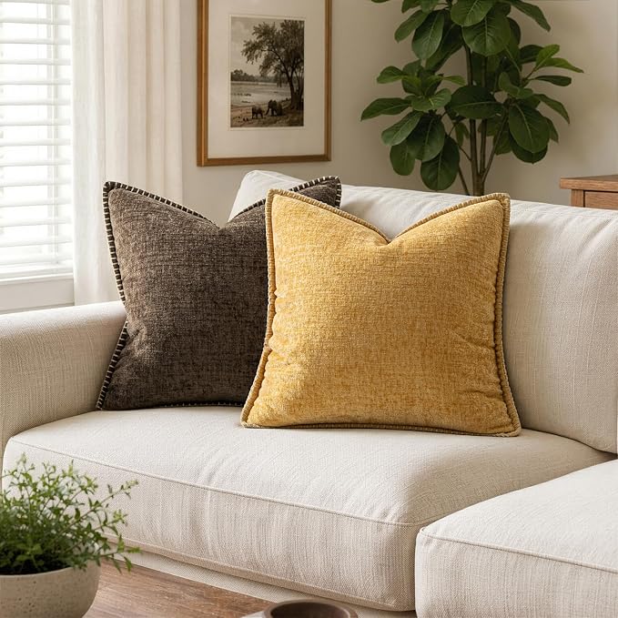 MIULEE Pack of 2 Couch Throw Pillow Covers 16x16 Inch Gold Mustard Yellow Farmhouse Decorative Pillow Covers with Stitched Edge Soft Chenille Solid Dyed Pillow Covers for Sofa Bed Living Room