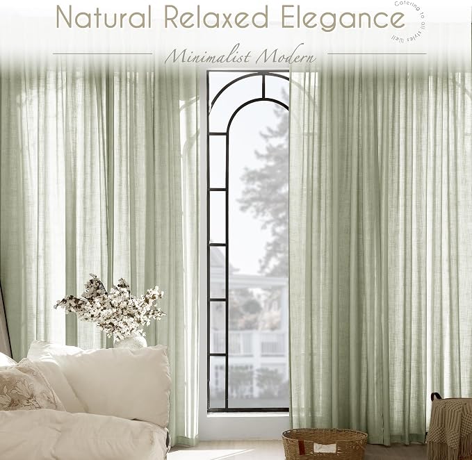 Linen Blend Sage Green Curtains 90 inch Length 2 Panels for Bedroom Back Tab Light Filtering Semi Sheer Drapes Linen Cotton Textured Light Green Airy Modern Farmhouse Living Room Sage Aesthetic Decor