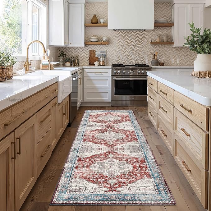 CHAMPLANT 2x6 Hallway Washable Runner Rug Vintage Soft Kitchen Laundry Runner with Non Slip Farmhouse Entryway Living Room Floor Mat Stain Resistant Carpet for Bedroom Bathroom Distressed Beside Rug