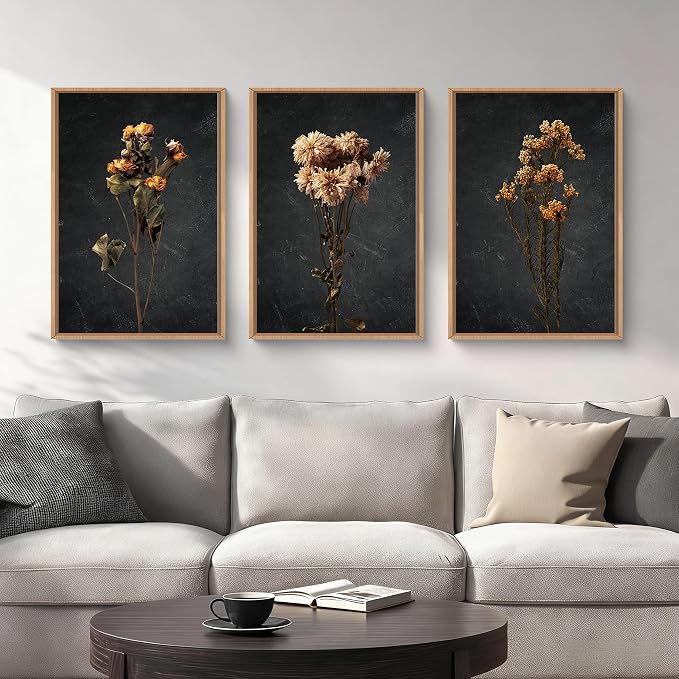 HOURIA Dark Moody Dried Floral Framed Canvas Wall Art Set,Vintage Mid Century Black Flower Wall Decor,Retro Boho Minimalist Wildflower Botanical Artwork for Living Room,Bedroom,Farmhouse- 24"x36"x3