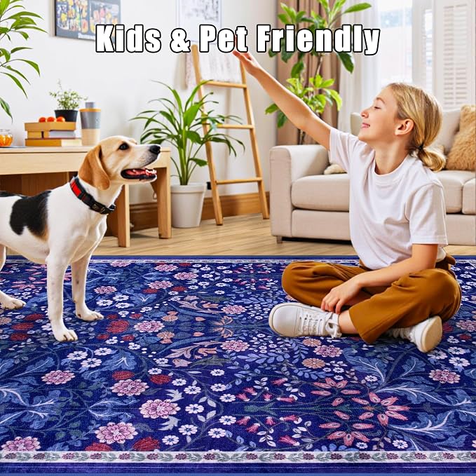 Runner Rug for Entryway: 2x5 Kitchen Rugs Non Slip Washable Ultra-Thin Soft Floral Carpet Indoor Floor Stain Resistant Carpets for Hallway Bedroom Kitchen Laundry Bathroom Dorm Blue