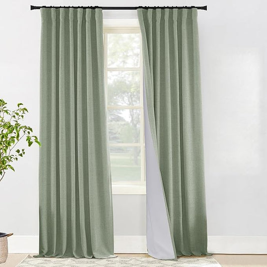 108 Inch Linen Blackout Curtains, 9FT Thermal Insulated Rod Pocket Back Tab Drapes for Living Room Bedroom, 2 Panel Set, 9 FT Length 50'' W x 108'' L, Sage Green