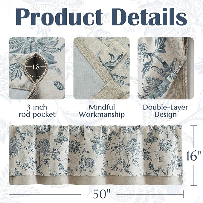 jinchan Floral Valance Curtain Linen Kitchen Valance for Windows 16 Inch Farmhouse Light Filtering Floral Short Window Treatment for Living Room 1 Panel Rod Pocket Double Layer Blue on Beige