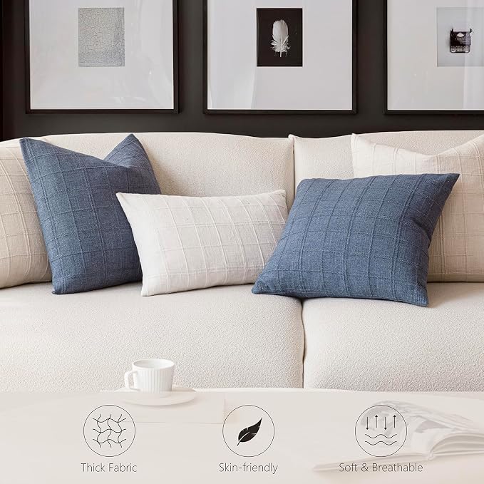 Foindtower Set of 2 Decorative Linen Check Throw Pillow Covers Neutral Farmhouse Vintage Cushion Covers Modern Boho Home Decor for Sofa Chair Couch Bedroom Living Room,16×16 Inch,Natural Beige