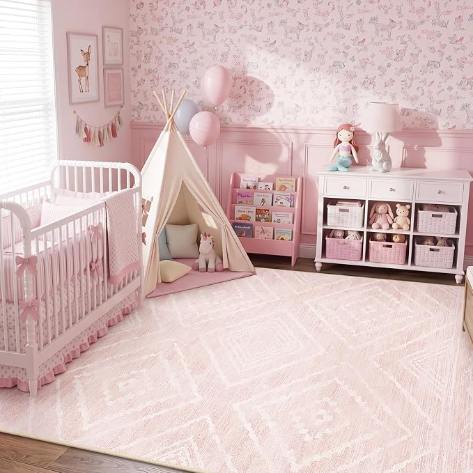 BESTSWEETIE Area Rug 6x9 Rug Machine Washable Non-Slip Low Pile Print Pattern Western Rug for Living Room Bedroom Entryway Tribal Series -Light Pink/Cream