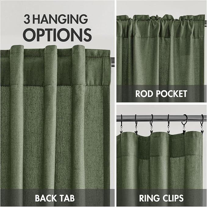 MIULEE Non-See-Through Privacy Linen Curtains 2 Panels, Olive Green Light Filtering Window Curtains Farmhouse Textured Back Tab Semi Sheer Drapes for Bedroom Living Room 90 Inches Long Dark Green