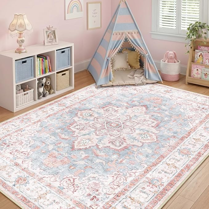 CAPALOCA Machine Washable Rugs Nursery Rug 5x7 Cute Girl Non Slip Low Pile Water Repellent Soft Print Pattern for Bedroom Indoor Decor Kids Playroom Pink Blue
