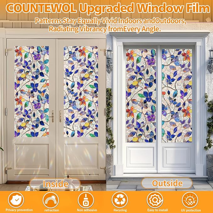 COUNTEWOL Window Privacy Film with Installation Tools Home Decorative Colored Glass Window Stickers Reusable electrostatic Rainbow Stickers (Stained Leaf, 45.2 x 78.7 in)