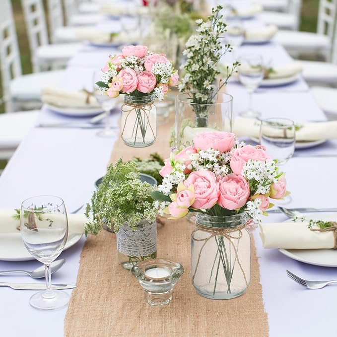 Zeyune 12 Sets Mason Jar Centerpiece Table Decorations, Artificial Peony Baby's Breath Flower Bouquets, Faux Flowers with Vase, Rustic Decor Gifts for Home, Wedding, Holiday (Light Pink)